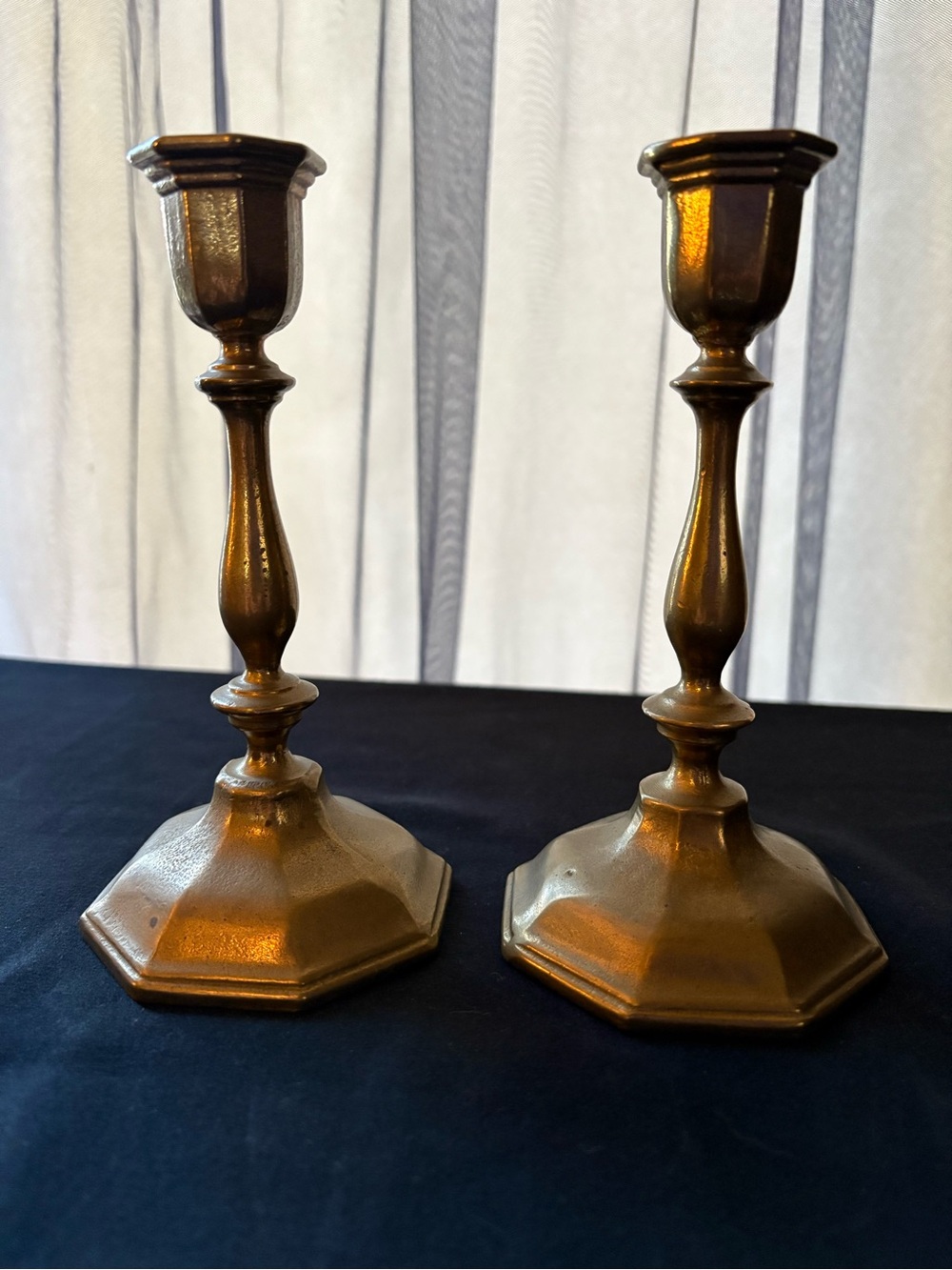 2x Nijhof Holland Brass Pair Octagon Taper Candle Holders Engraved Dutch Gold